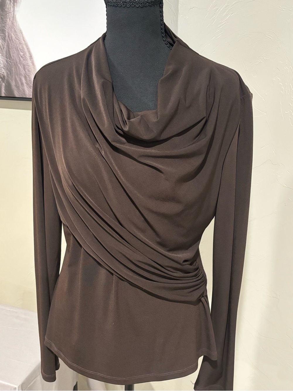 Vintage Don Caster Draped Long Sleeve Brown Cowl Neck Top